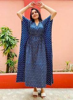 Indian Blue Ikat Printed Kaftan Cotton Hippies Maxi Women Nightwear Kaftan Dress #menswear #shopsmall Indian Tunic Dresses For Women, Ikat Cotton Dress, Indian Dress Shop, Kaftan Night Dress, Kanwal Aftab Dresses, Nighty Designs Indian Cotton, Myntra Dress, Nighty Designs Indian, Maxi Night Dress