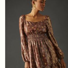 Paige Noah Silk Blend Women's Mini Dress Size: Small Color: Bronze Dust Multi - Bronze Brown Nwt Shimmering Metallic Threads Opulent Silk-Blend Balloon Sleeves Ruffled Hem Square Neck Long Sleeves Party Maxi Dress With Floral Print And Square Neck, Party Floral Print Maxi Dress With Square Neck, Square Neck Floral Print Maxi Dress For Party, Fall Party Midi Dress With Square Neck, Fall Holiday Midi Dress, Fitted Dress For Holiday In Fall, Fitted Dress For Fall Holiday, Fitted Gold Maxi Dress For Fall, Chic Midi Dress For Fall Holiday