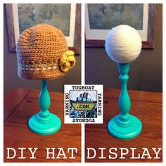 two crocheted hats sitting on top of blue pedestals next to each other