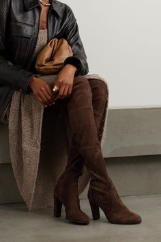 Stuart Weitzman's 'Highland' boots tick off two huge trend for Fall '23 - the over-the-knee profile and chocolate-brown color. One of the brand's most popular styles, they are set on a comfortable but elongating block heel and made from stretchy suede so they're easy to get on and off. Luxury Brown Knee-high Boots With Suede Lining, Luxury Ankle-high Chic Chelsea Boots, Luxury Suede Lined Knee-high Boots For Women, Over The Knee Camel Boots, Luxury Leather Lined Knee-high Boots For Fall, Luxury High-top Chelsea Boots Casual Style, High Knee Boots Miggon 🛍️, Luxury High-top Boots For Workwear, Luxury Mid-calf Boots For Formal Occasions