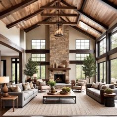 a living room filled with furniture and a fire place in the middle of a room