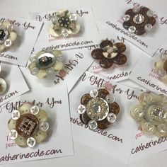 many different types of buttons are shown on white cards with red and black lettering that read, gather for you