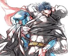 a drawing of two people hugging each other in front of a white background with the words superman written on it