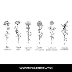 the names of different flowers are shown in black and white