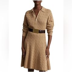 Nwt - Crafted Of A Luxurious Wool And Cashmere Blend, Polo Ralph Lauren's Knee-Length Dress Is Designed With A Textured Cable-Knit Construction And Pleated Skirt. Spread Collar Drop Shoulders Long Sleeves Front Button Placket Ribbed Trim Pullover Style 70% Wool/30% Cashmere Machine Wash Imported Size & Fit About 35.5" From Shoulder To Hem Model Measurements: 5'10" Tall Model Is Wearing A Us Size Small Ralph Lauren Cable Knit Sweater, Knit Polo Dress, Knee Length Sweater, Belted Shift Dress, Ralph Lauren Womens Clothing, Ralph Lauren Cable Knit, Floral Print Maxi Skirt, Cable Knit Dress, Sequin Sheath Dress