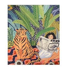 a painting of a woman reading a newspaper with a tiger sitting in front of her