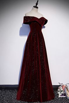 Burgundy velvet long A ling prom dress evening dress sold by Little Cute on Storenvy Black And Red Prom Dress, Robes Glamour, Formal Dresses Graduation, Off Shoulder Evening Dress, Sparkly Party, Prom Dress Evening, Graduation Dresses, Burgundy Prom Dress, Prom Ideas