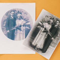 two old fashioned photos are sitting next to each other