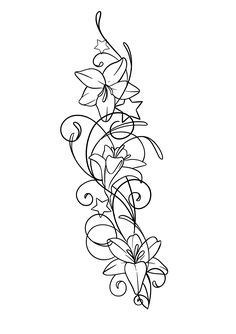 a line drawing of flowers with swirls and leaves on the bottom, in black and white