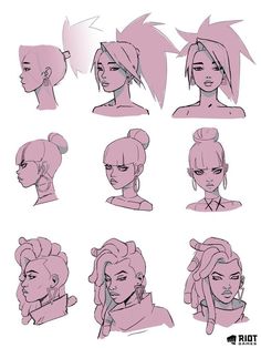 various poses and hair styles for the character's face, head, and shoulders