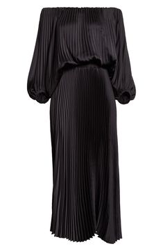 Allover pleats lend graceful movement to this shoulder-baring maxi designed with a smocked waist. 48" center front length (size Medium) Slips on over head Partially lined Off-the-shoulder neck Three-quarter sleeves with elastic cuffs 100% polyester Machine wash, line dry Imported Build Wardrobe, Off The Shoulder Maxi Dress, Maxi Design, Graceful Movement, Black Off Shoulder, Pleated Midi Dress, Halter Maxi Dresses, Asymmetrical Dress, Black Midi Dress