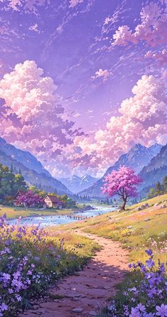 a painting of a beautiful landscape with flowers