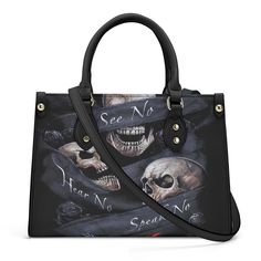 No see no hear no speak Skeleton women's purse, evil large tote bag, gothic skull handmade bag, biker skull travel bag, christmas skull tote bag, flaming skull handbag, hooded skull shoulder bag, goth large tote bag, hooded skull bag with shoulder strap, horror women's purse, skull bag with shoulder strap, floral skull sho Size: LENGTH x WIDTH x HEIGHT 29cm x 11cm x 20cm 11.4in x 4.3in x 7.9in * The main material of this handbag is PU leather * Smooth zipper and all over printing customized styl Gothic Large Capacity Shoulder Bag, Gothic Large Capacity Bag For Everyday Use, Rectangular Skull Print Bag For Halloween, Gothic Tote Shoulder Bag For Everyday Use, Black Skull-shaped Bag For Halloween, Black Skull Bag For Halloween, Gothic Tote Bag For Everyday Use, Gothic Tote Shoulder Bag For Daily Use, Rectangular Skull Print Shoulder Bag For Daily Use