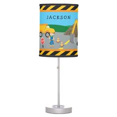 a lamp with a construction scene on it and a personalized shade for the lamps