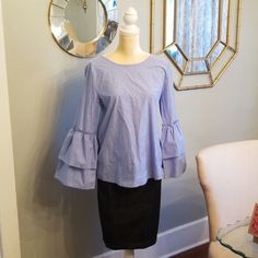 Beautiful New With Tags, Loft Double Bell Sleeves With Ruffled Detail And Open Tie Back. Blue And White, Perfect With Jean's. Oversized So It Will Fit A Small. Measures Approximately 40" Bust, 24" Long, Waist 40", Sleeves 22". Excellent Condition. 100 % Cotton. Spring Office Tops With Ruffle Sleeves, Embroidered Giraffe, Ruffle Hem Blouse, Green Floral Blouse, Peach Blouse, Jacquard Shirt, Women Shirt Top, Scoop Neck Blouses, Open Back Top