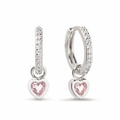 A tiny pink bezel set heart charm dangles from pavé huggie hoop earrings. Sterling Silver Total Height 0.7in(17mm) Hoop Inside Diameter 0.35in(9mm), Width 0.06in(1.5mm) Heart Charm 5mm Click close mechanism #E445-SPK Knots Jewelry, Jewelry Gift Guide, Choker Pendant, Moms Bracelet, Gold Statement Ring, Tiny Studs, Nose Jewelry, Heart Gemstone, Waterproof Jewelry