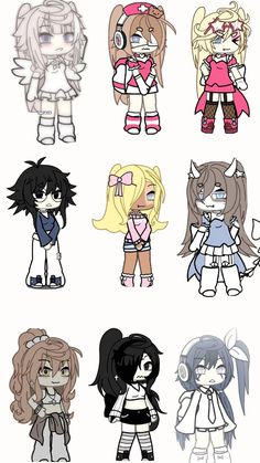 some cartoon characters with different outfits and hair