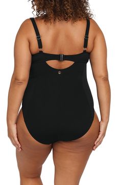 A high neckline, strong back clip and side panels bring body-shaping comfort to this pool-worthy swimsuit made of chlorine-resistant fabric. Scoop neck Multifit soft foam cups are suitable for sizes C - DD cup Lined 52% PBT polyester, 48% polyester Hand wash, dry flat Imported Full Coverage Swimwear With Built-in Padding, Full Coverage Swimwear With Built-in Padding For Swimming, Black Bodysuit For Swimming With Solid Back, Black Closed Back Bodysuit For Swimming, Black Tankini With Moderate Back Coverage For Pool, Black Bodysuit For Beach With Moderate Back Coverage, Black Bodysuit With Moderate Back Coverage For Beach, Black Swimwear With Moderate Back Coverage, Black Swimwear With Moderate Back Coverage For Swimming