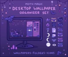 a desktop computer monitor sitting on top of a purple wall with lots of stickers