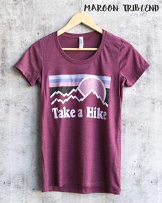 "RUNS TIGHT, size up. I'm 105 lbs/ 5'4\" and I wear a medium comfortably. Can fit in a small as well (fits like a unisex XS) but medium was more comfortable (does fit loosely in a medium, like a unisex S). MAUVE , HEATHER SLATE , MAROON, MILITARY GREEN, and HEATHER MILITARY GREEN NOW COMES IN UNISEX SIZING! made with bella canvas women's favorite cotton tee 100% cotton for solid colors Heather color is 52% cotton, 48% polyester Triblend for the triblend colors (clay, purple triblend, maroon trib Crew Neck T-shirt With Letter Print For Hiking, Short Sleeve T-shirt With Front Print For Outdoor, Sporty Graphic Print Tops For Hiking, Short Sleeve T-shirt With Sublimation Print, Sporty Crew Neck T-shirt For Hiking, Pre-shrunk Tri-blend T-shirt For Outdoor Activities, Casual Red T-shirt For Outdoor Activities, Relaxed Fit Crew Neck Tops For Hiking, Graphic Tee For Hiking With Relaxed Fit