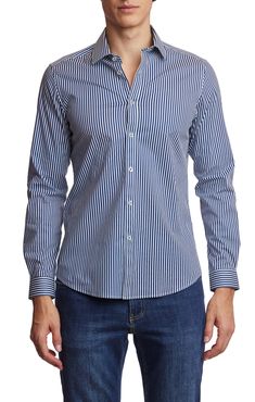 A classic slim spread collar shirt with navy stripes. The cotton stretch blend offers comfort all year round and can be worn with a wide range of clothing. PRODUCT DETAILS: style 6513W slim fit dress shirt spread collar printed fabric cotton stretch blend dry clean only imported