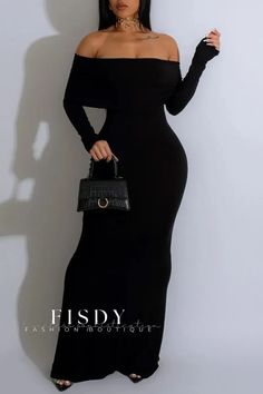 Fisdy - Elegante vestido largo gris liso sin espalda y sin hombros para un look informal pero chic Long Black Dress Off Shoulder, Off The Shoulder Long Dress, Crochet Fashion Trends, Off Shoulder Long Dress, Total Black, Long Dress Casual, Long Black Dress, Baddie Outfits Casual, Big Girl