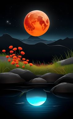 the full moon is rising over some mountains and flowers in front of a body of water