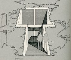 an architectural drawing of a house in the woods with stairs and trees on either side