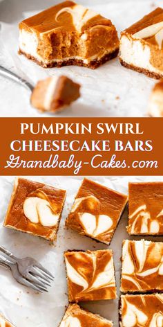 pumpkin swirl cheesecake bars are cut into squares