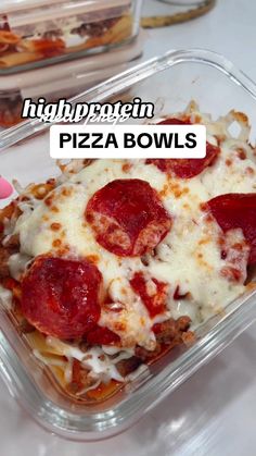 a plastic container filled with cheese and pepperoni pizza bowls