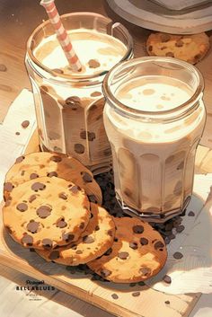 cookies and milkshakes are sitting on a tray