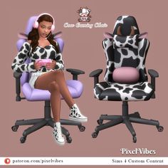 a woman sitting in an office chair with cow print on the back and headphones to her ears