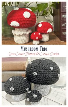 two crocheted mushrooms sitting next to each other