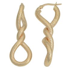 A unique, stylish pair, these gold twisted earrings will be an excellent statement piece with any attire. Beautifully crafted of diamond-cut finished 14k yellow gold, this pair of gold earrings features a gold infinity hoop earring style in a twisted design. Size: one size.  Gender: female.  Age Group: adult. Infinity Hoop, Twisted Earrings, Triple Hoop Earrings, Twisted Hoop Earrings, Hoop Earrings Style, Jewelry Drawing, Jewelry Clasps, Jewelry Design Necklace, Gold Texture