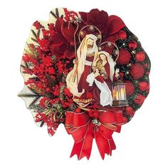 a christmas wreath with an image of the virgin mary