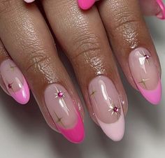 Creative Almond Nails Art Designs, Nail Ideas With Gems Simple, 26 Birthday Nails, Cherry Nails Pink, Barbie Core Nails, Pink Chrome French Tip Nails, Pink Trendy Nails, Pink Cherry Nails, Gel On Natural Nails