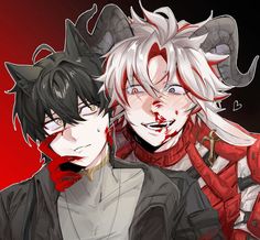 two anime characters with horns and blood on their faces, one is wearing a black jacket