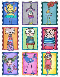 four stamps with cartoon characters on them in different colors and sizes, each featuring an image of