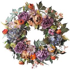 a wreath with flowers and leaves is shown on a white background for use as a wall hanging