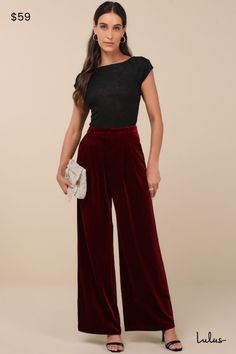 The Lulus Chic Splendor Wine Red Velvet Pleated High-Rise Wide-Leg Pants are our new favorite winter wardrobe piece! Plush velvet shapes these fabulous pants with a high, banded waist that features belt loops and a hidden zip fly with an internal top clasp closure. Pleated details, diagonal front pockets, and decorative back welt pockets accent the wide pant legs that end at full-length hems. Fit: This garment fits true to size. Length: Floor length. Size medium Inseam: 31.00 Front Rise: 13.50 W Red Velvet Pants Outfit, Velvet Pants Outfit, Red Velvet Pants, Burgundy Pants, Casual Formal Dresses, Chic Winter Outfits, Velvet Flares, Christmas Outfits Women, Lulu Fashion