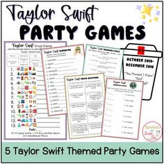 five taylor swift party games with the text taylor swift party games on top of them