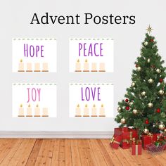 a christmas tree and presents in front of a white wall with the words, hope, peace, love