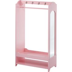 a pink coat rack with two mirrors on the front and one door open to reveal a mirror