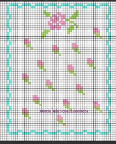 a cross stitch pattern with pink flowers on the bottom and green stems in the middle