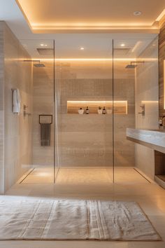 a bathroom with a glass shower door and rug on the floor