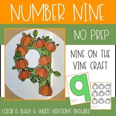 a paper plate with an orange and green number nine on it, next to a printable