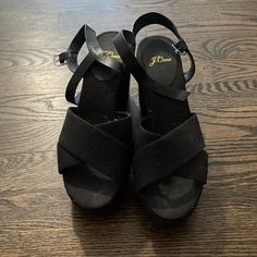 Never Worn. Size 9 Black Sandals With Wrapped Heel For Beach, Black Beach Sandals With Wrapped Heel, Chic Black Heels For Vacation, Black Sandals With Wrapped Heel For Vacation, Black Heels With Heel Strap For Vacation, Black Sandals With Stacked Heel For Vacation, Black Sandals, Women's Shoes Sandals, J Crew