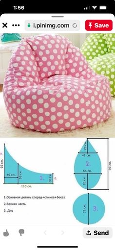 a pink and green polka dot print bean bag chair with measurements on the bottom side