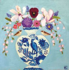 a painting of a vase with flowers and birds painted on the front, sitting on a blue background