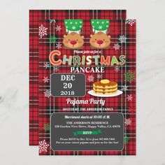 a christmas pancake party card with two reindeers on the front and plaid background